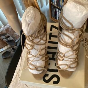 Woman’s formal lace up zip back light tan suede 4 1/2 inch heel beautiful